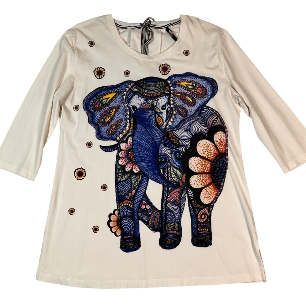 White Top 3/4 Sleeve XL Elephant Graphic Rhinestone Tassel Tie Back